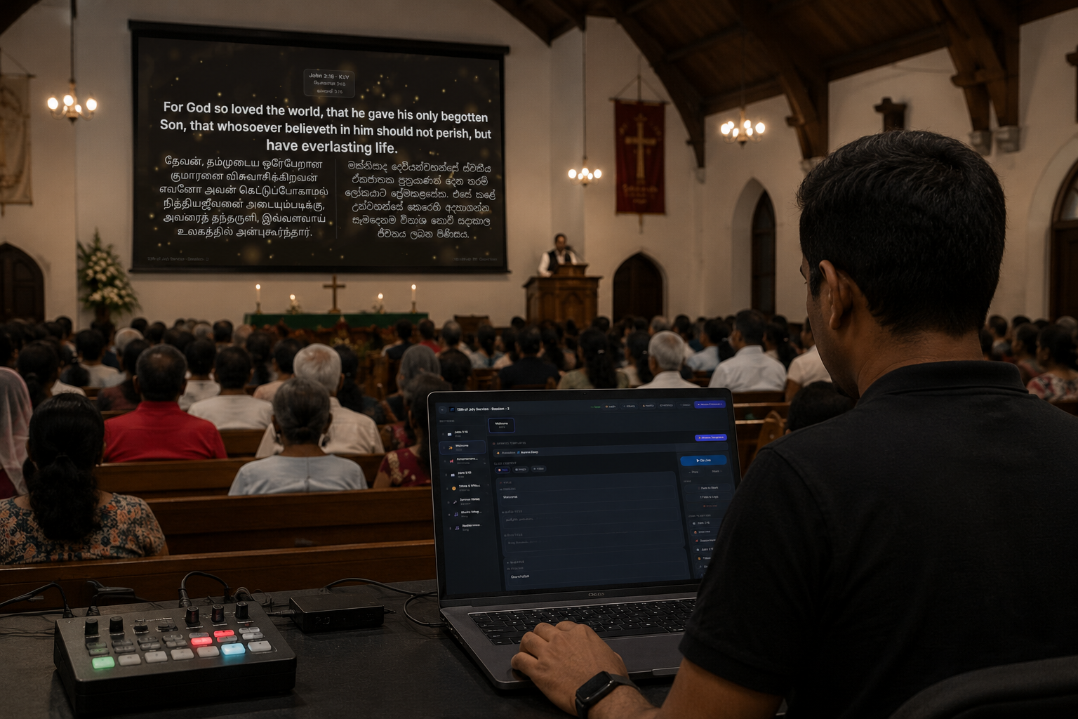 A media team volunteer at a laptop showing the GraceVision Presenter dashboard, with a small congregation seated in front of a welcome screen.