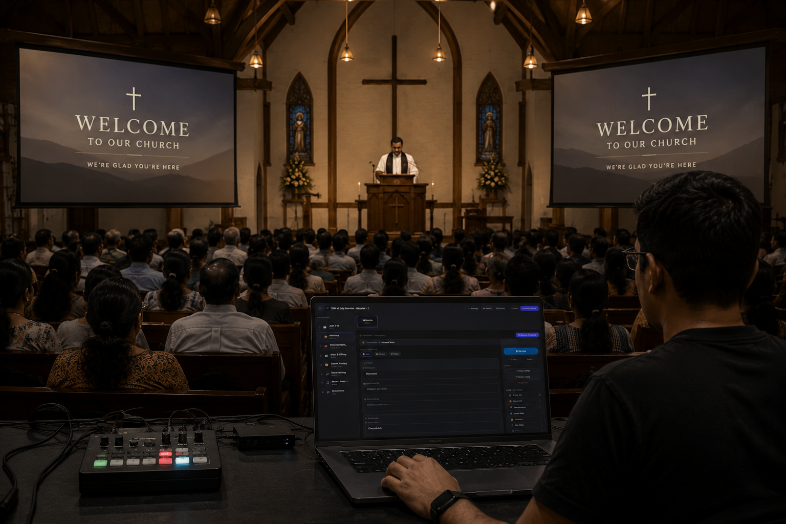 A packed chapel with a large screen displaying John 3:16 in English, Tamil and Sinhala, a media volunteer running the service from a laptop in the foreground.