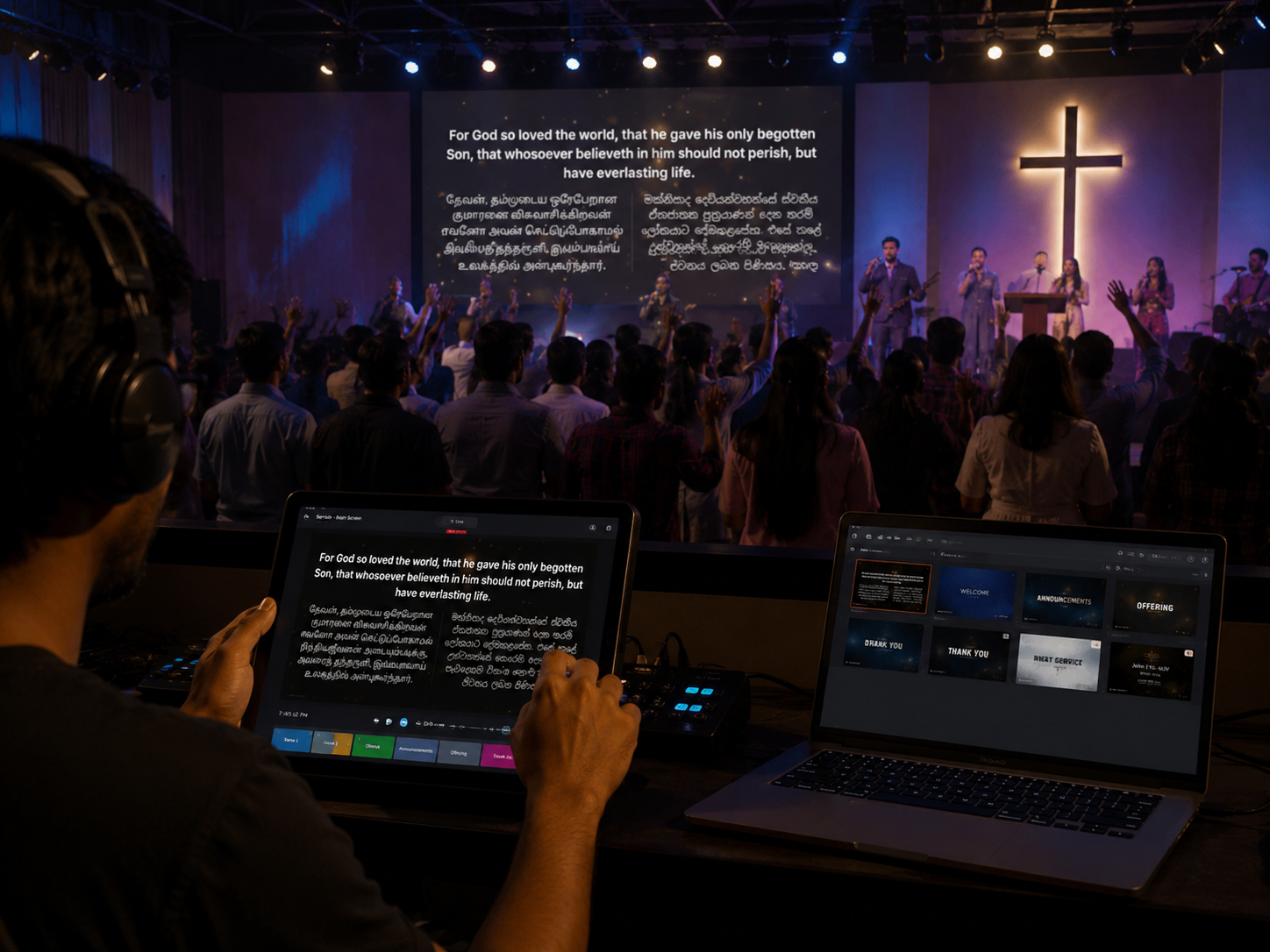 A worship leader on stage beside a floor monitor displaying scripture lyrics, with the congregation raising hands in worship.
