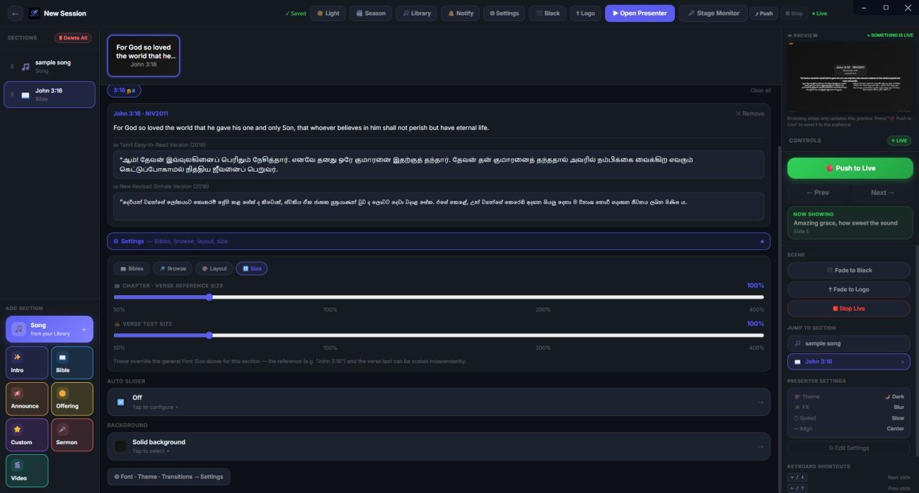 GraceVision Presenter editor showing the John 3:16 scripture search in three languages, section sidebar, live preview, and Push to Live, Fade to Black, Fade to Logo and Stop Live controls.