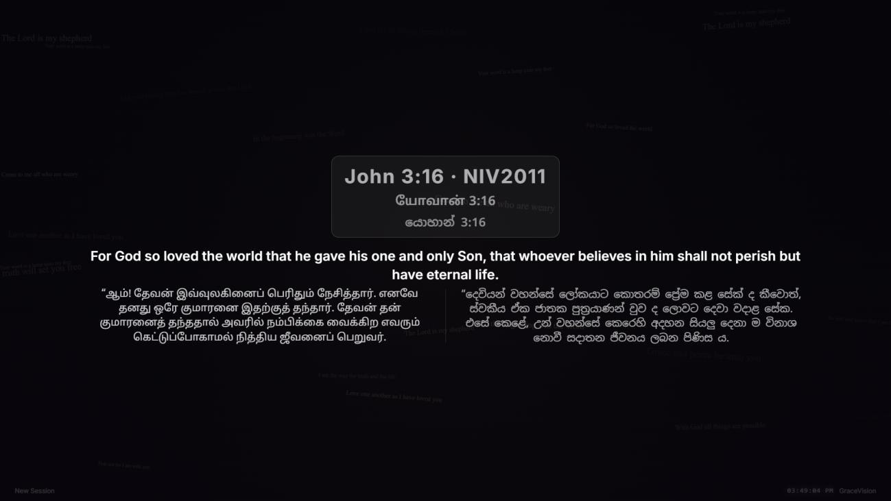 John 3:16 shown on screen in English, Tamil and Sinhala side by side.