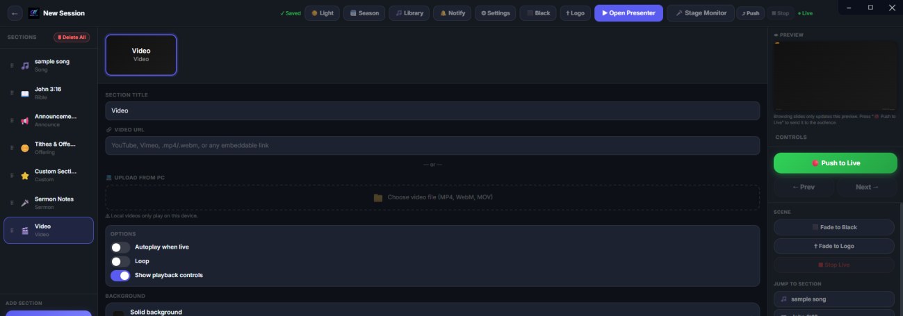 The Video section showing a field to paste a YouTube, Vimeo or embeddable link, an option to upload a video file, and autoplay, loop and playback control toggles.